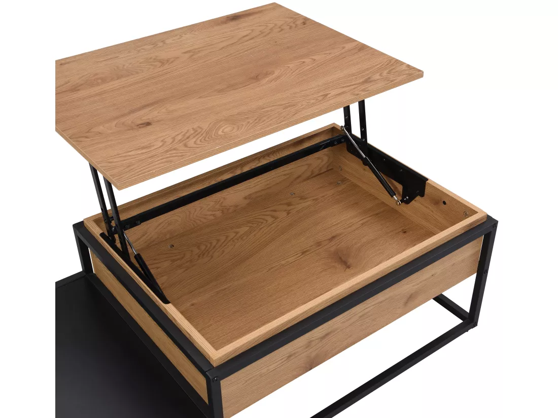 Table basse avec plateau relevable en MDF et métal - Naturel et noir - LUTESA