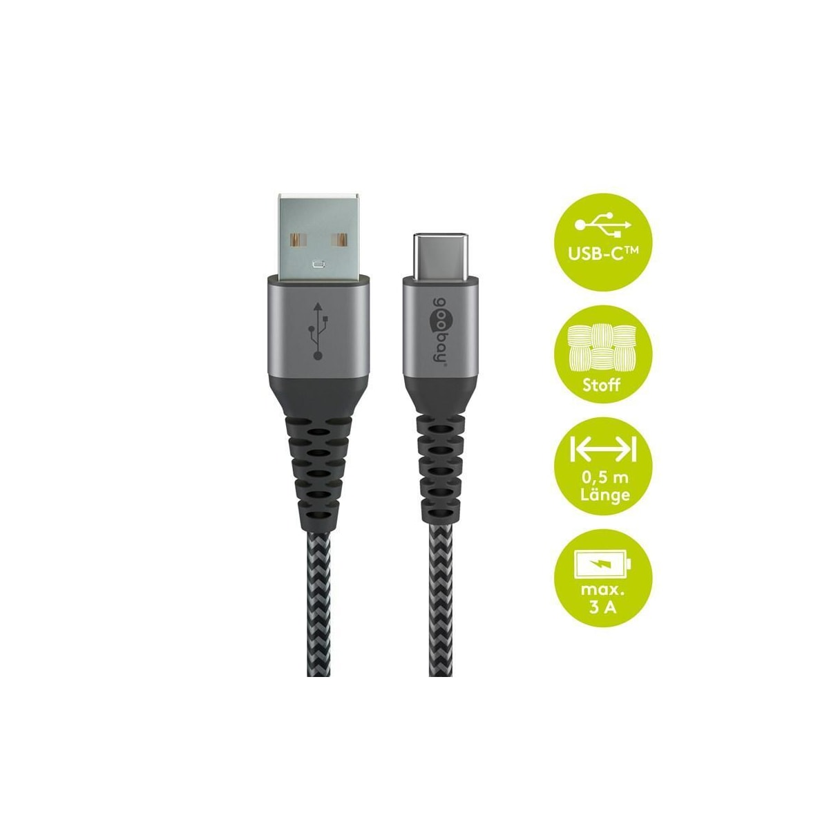 USB-C™ till USB-A textilkabel med metallkontakter 0,5 m