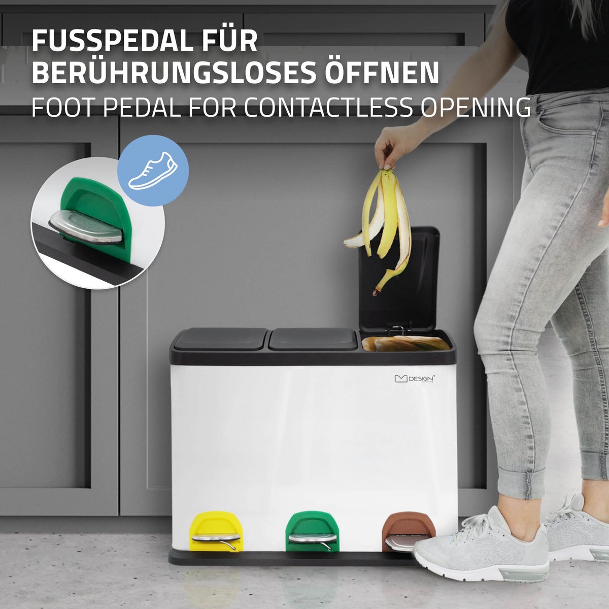 ML-Design Keuken Prullenbak 3x 15L (45L), Wit, 3-compartimenten afvalscheidingssysteem, Pedaalemmer voor afvalscheiding, Stalen bak met kunststof binnenemmer en scharnierend deksel, Kleurgecodeerd