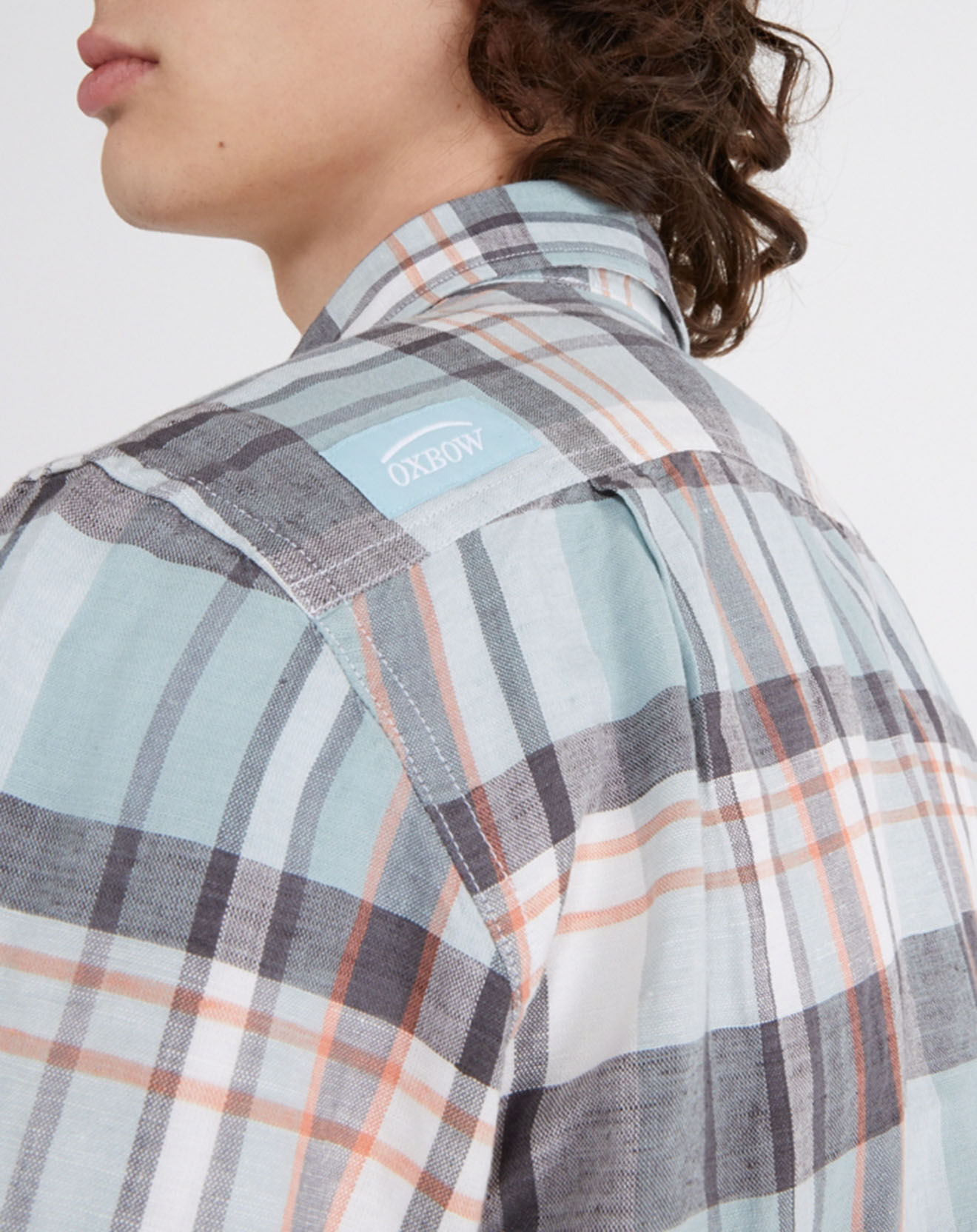 Oxbow Chemise droite en Lin & Coton Cheka carreaux bleu/vert/gris