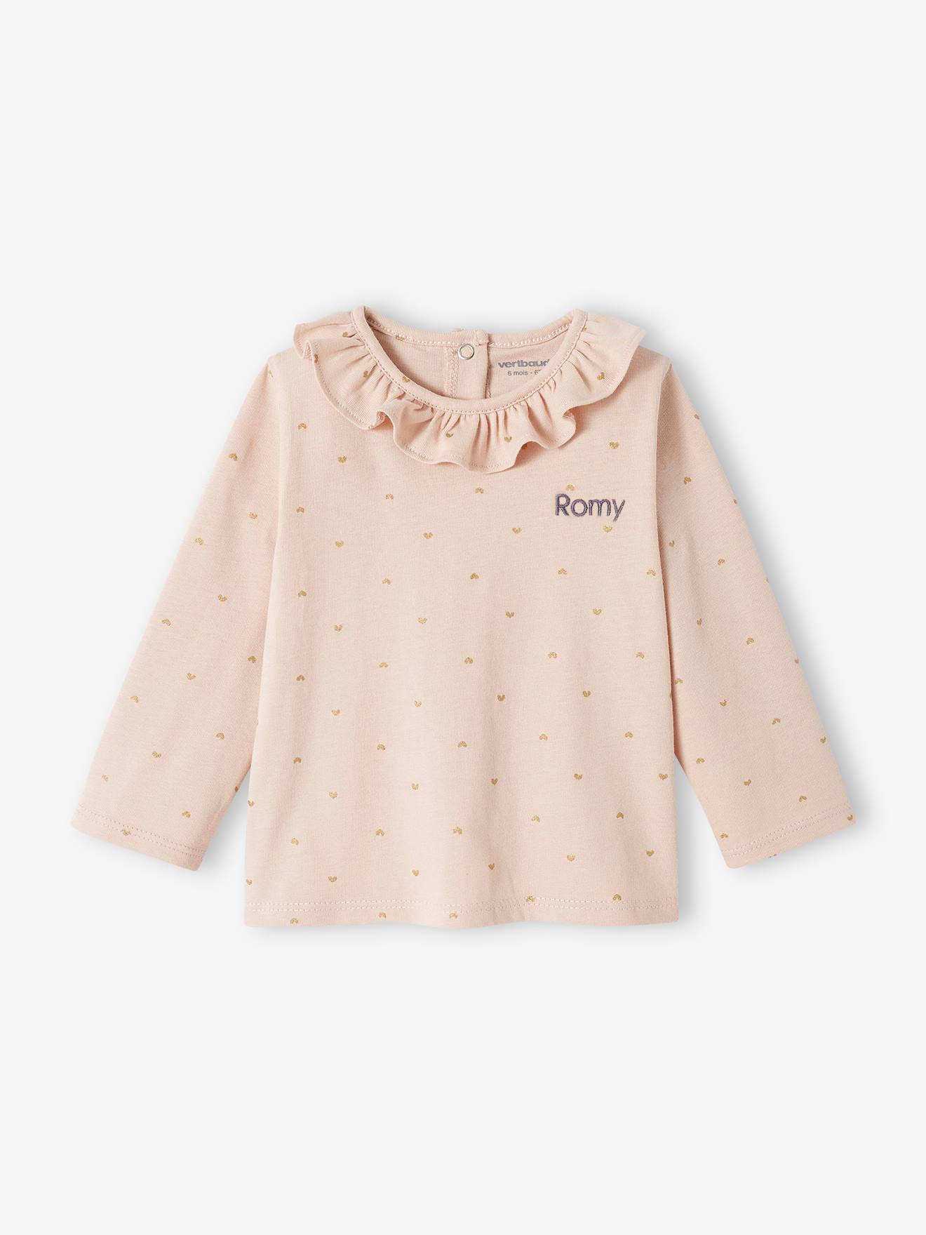 Camiseta personalizável com gola franzida para bebê menina, rosa claro.