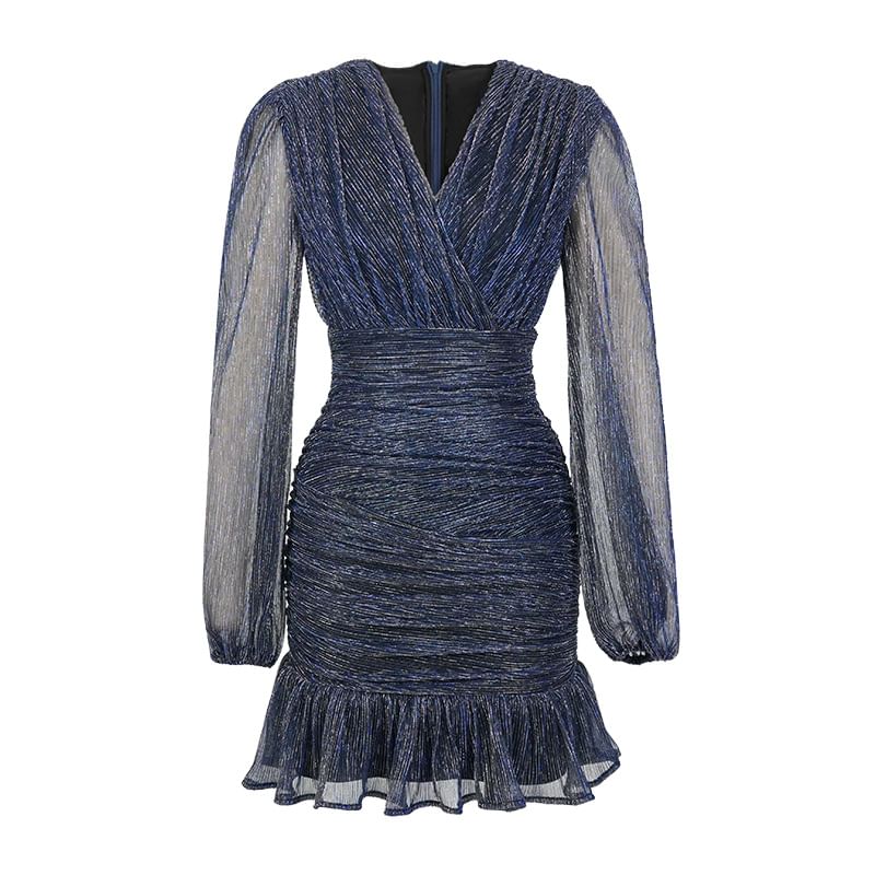 ZY·HT - Mini-jurk met lange mouwen, V-hals en pailletten van mesh