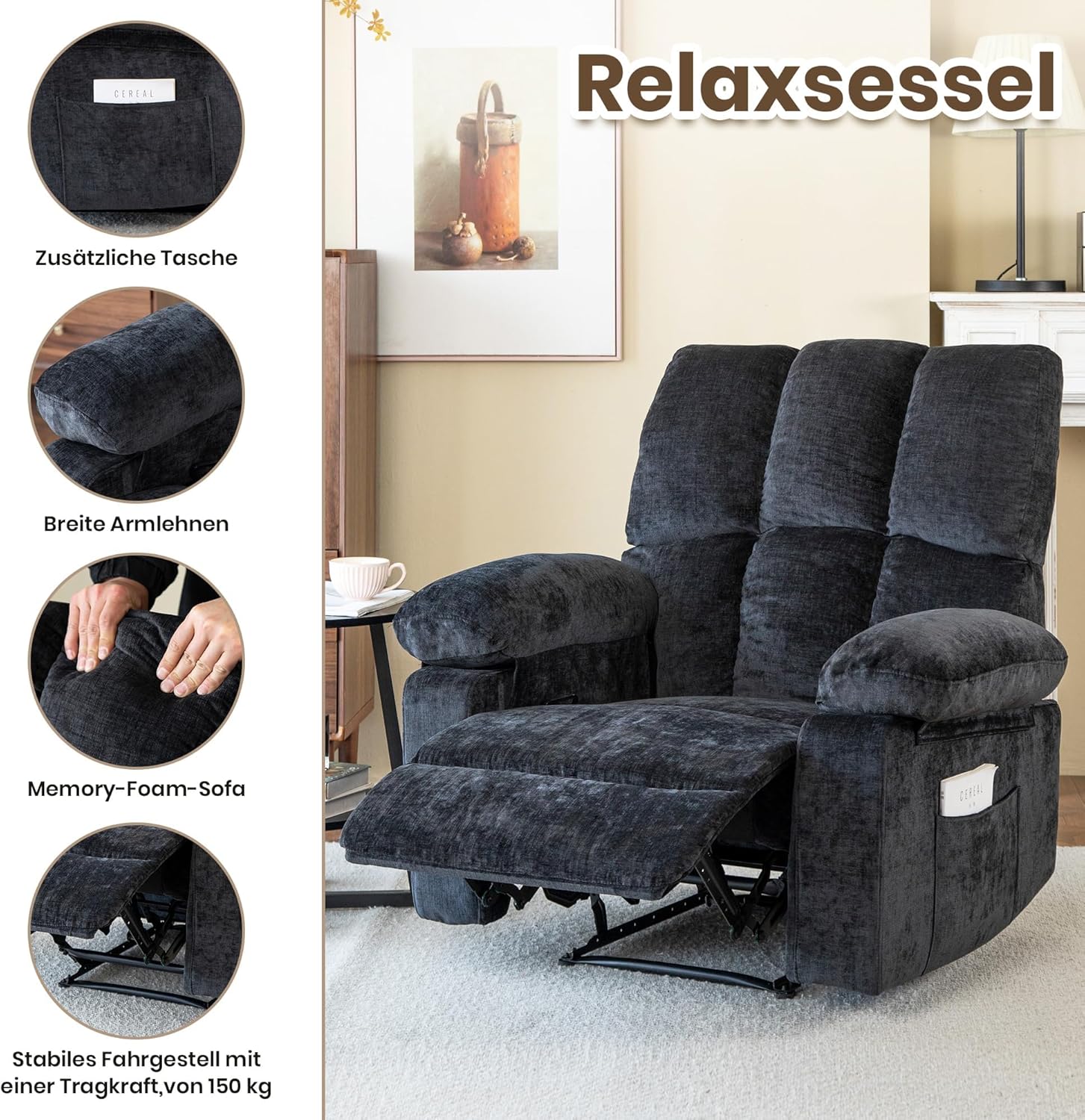 Fernsehsessel mit liegefunktion,Relaxsessel mit Leinenoptik,Sessel liegesessel bis 150 kg belastbar,für Wohnzimmer(Dunkelgrau, Kleine)