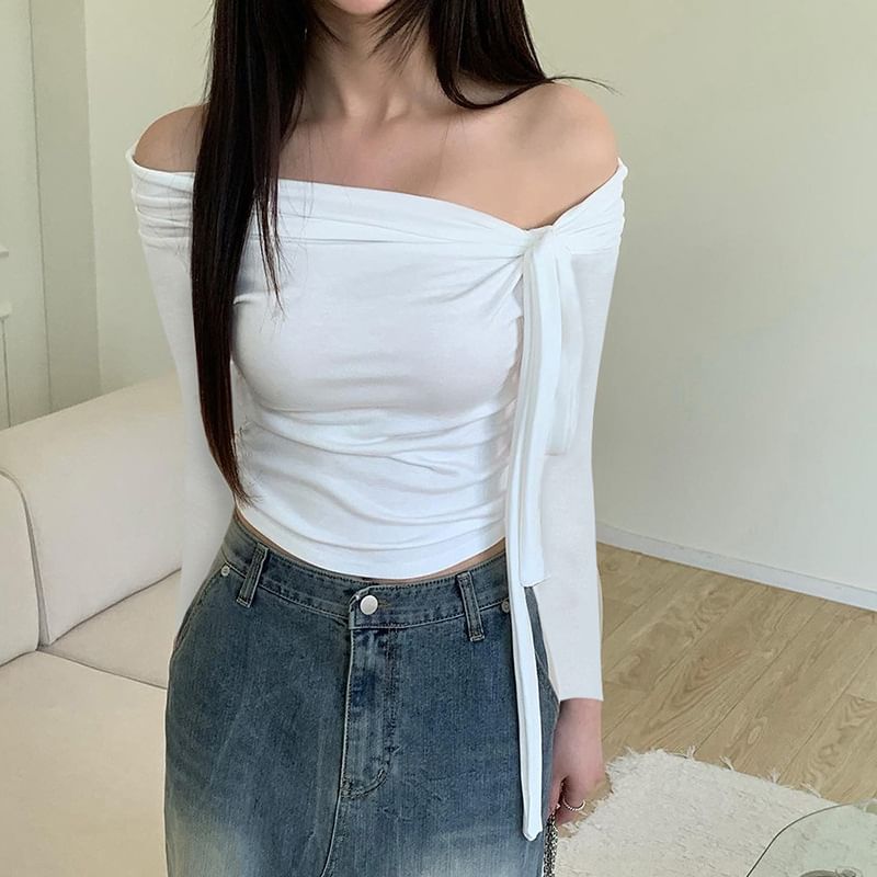Sosana - Off-shoulder crop top met korte mouwen / lange mouwen en knoopsluiting, slim-fit