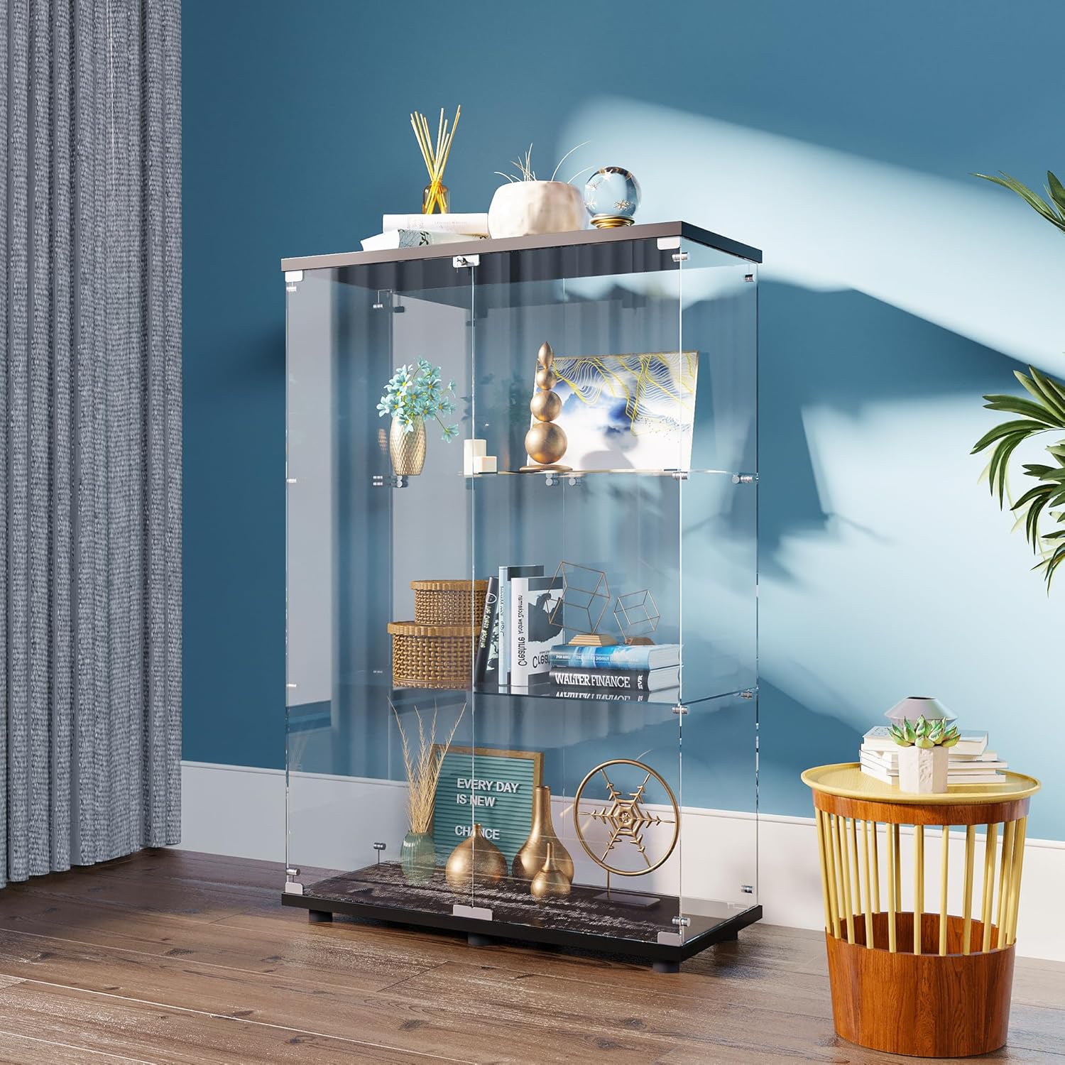 FANYUSHOW Glasvitrine Standvitrine in Schwarz, Modern Glas Holz Vitrine 3-Lagen Vitrine aus Glas für Sammlerstücke Bücher Wein, für Büro Wohnzimmer Küche, 125 x 79 x 36.5 cm