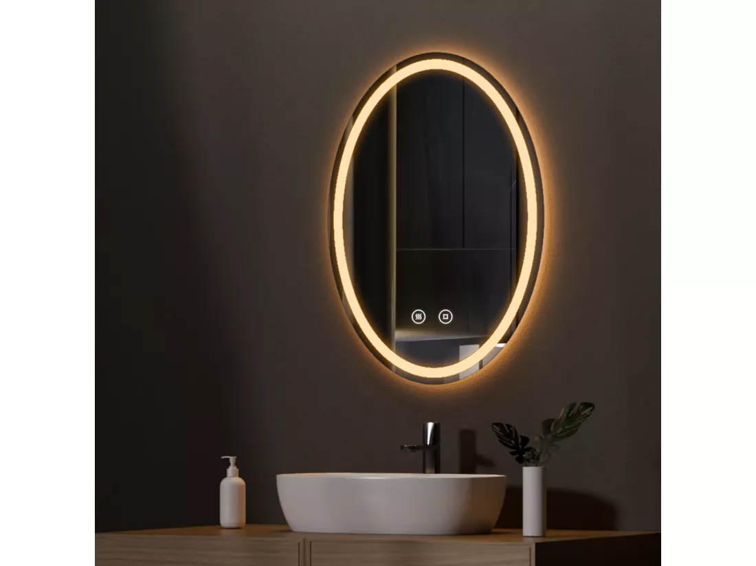 EMKE Miroir led salle de bain 60 × 80 cm Miroir salle de bain lumineux avec 3 Couleurs de lumière réglables+Anti-buée, Économie d'énergie miroir led