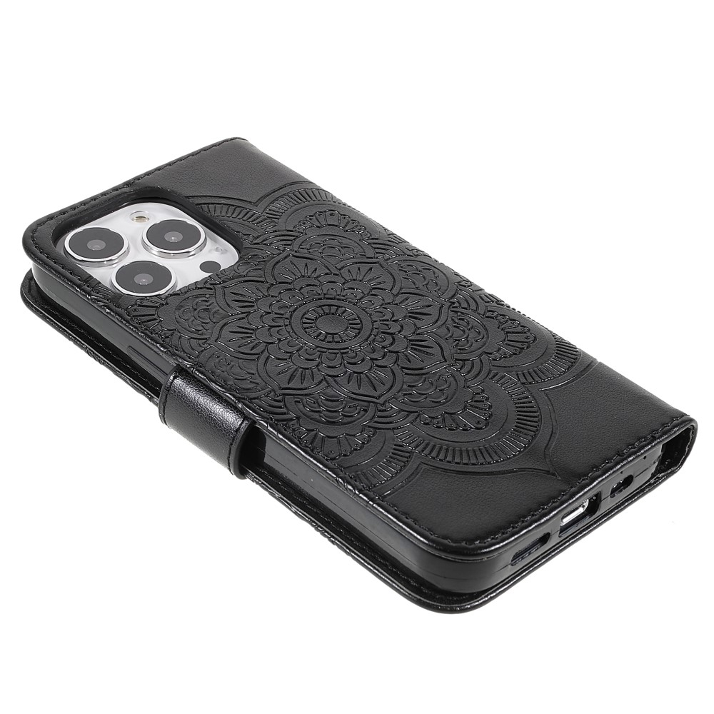 iPhone 13 Pro Leder Tasche Wallet - Mandala Flowers Imprint - Schwarz
