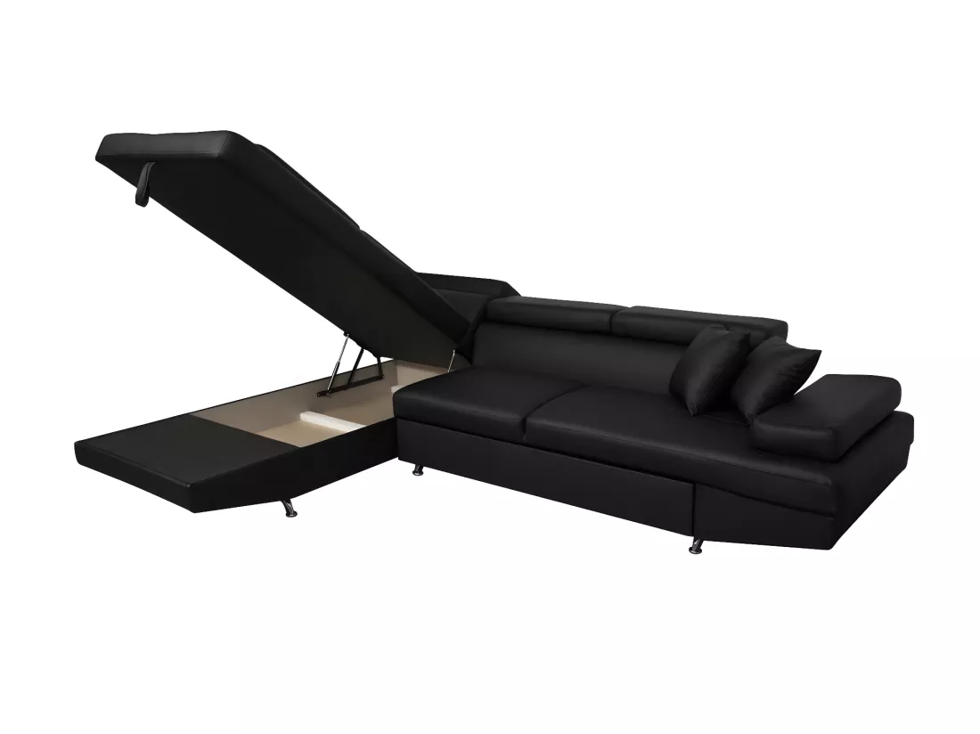 Canapé d'angle gauche 5 places Rio Convertible avec coffre en simili - Noir - L271 x P192 x H70cm - Loungitude