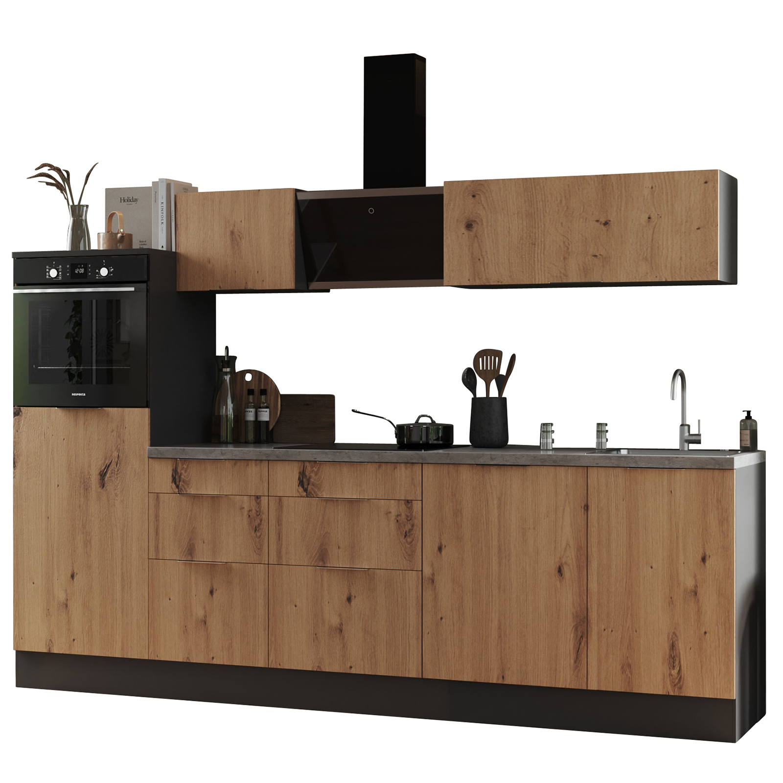 RESPEKTA Küchenblock - Artisan Eiche - grau matt - mit E-Geräten - 280 cm
