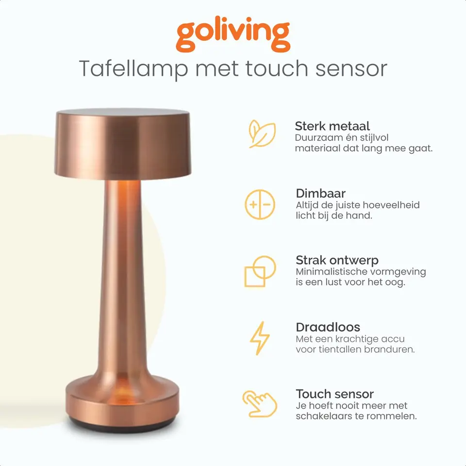 Goliving Tafellamp Oplaadbaar – Draadloos en dimbaar – Moderne touch lamp