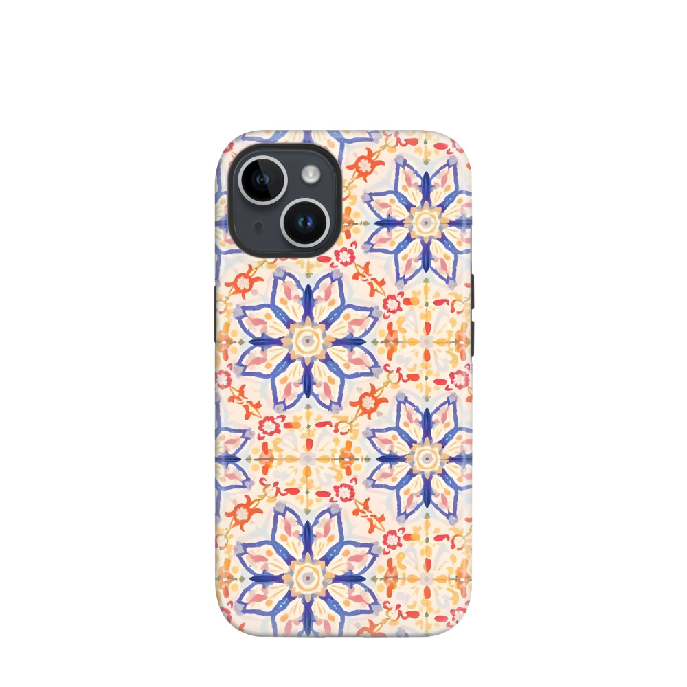iPhone 14 Hybrid (Kunststoff / Gummi) Hülle Majolika-Aquarellblüte - Blau / Gelb / Rot