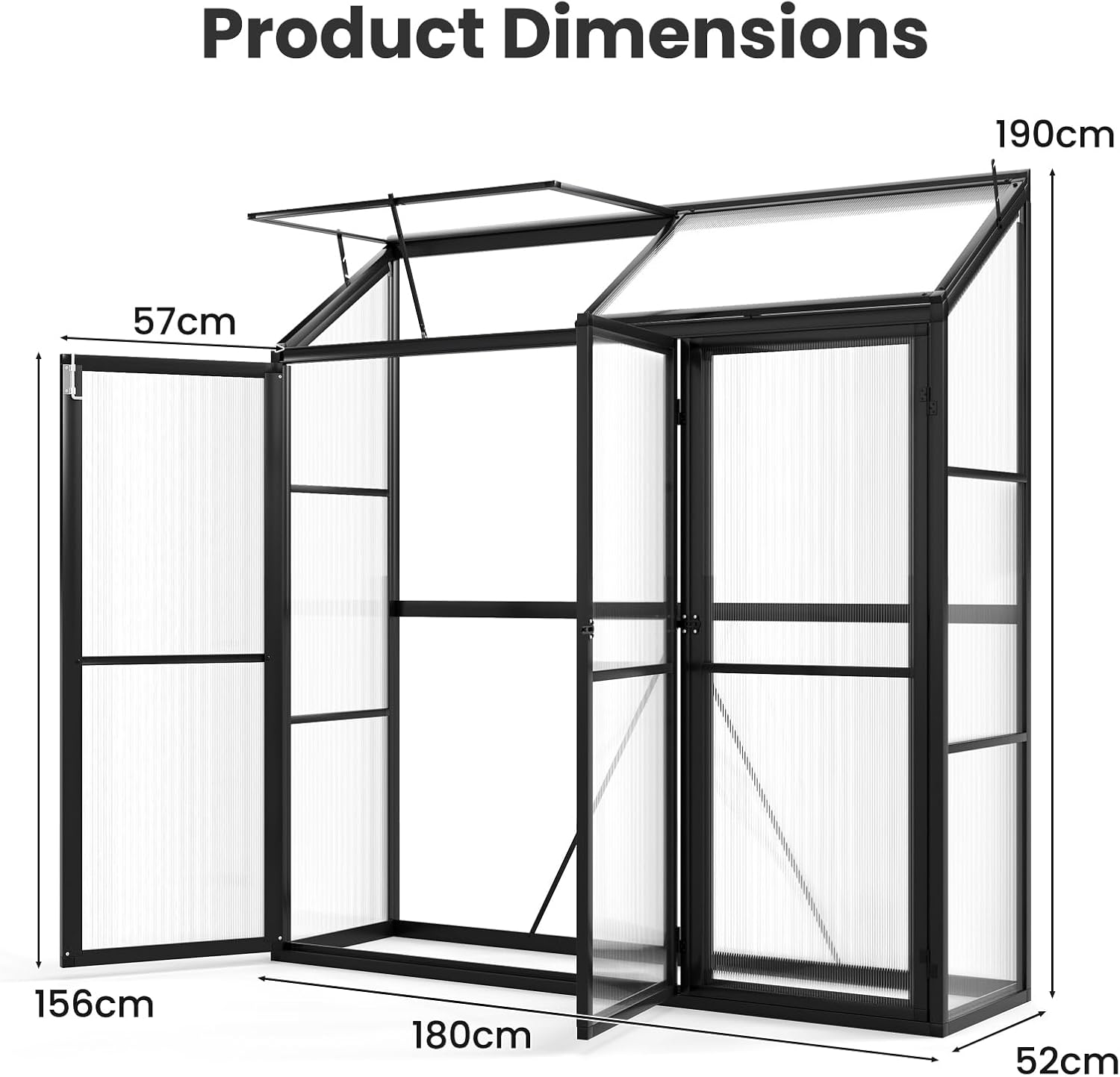 HOMASIS Gewächshaus mit 3 Ablagen, Anlehngewächshaus Tomaten mit 3 Türen & 2 Oberlicht, Aluminium Frühbeet Pflanzenhaus Winterfest, 180x52x190cm, Teibhaus Gartenhaus für Garten & Balkon, Schwarz