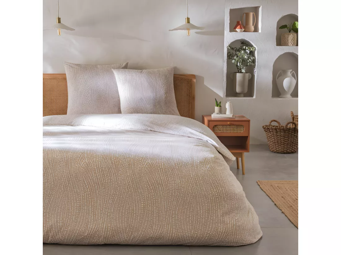 Parure de lit 2 personnes en coton 57 fils imprimé beige 260x240cm