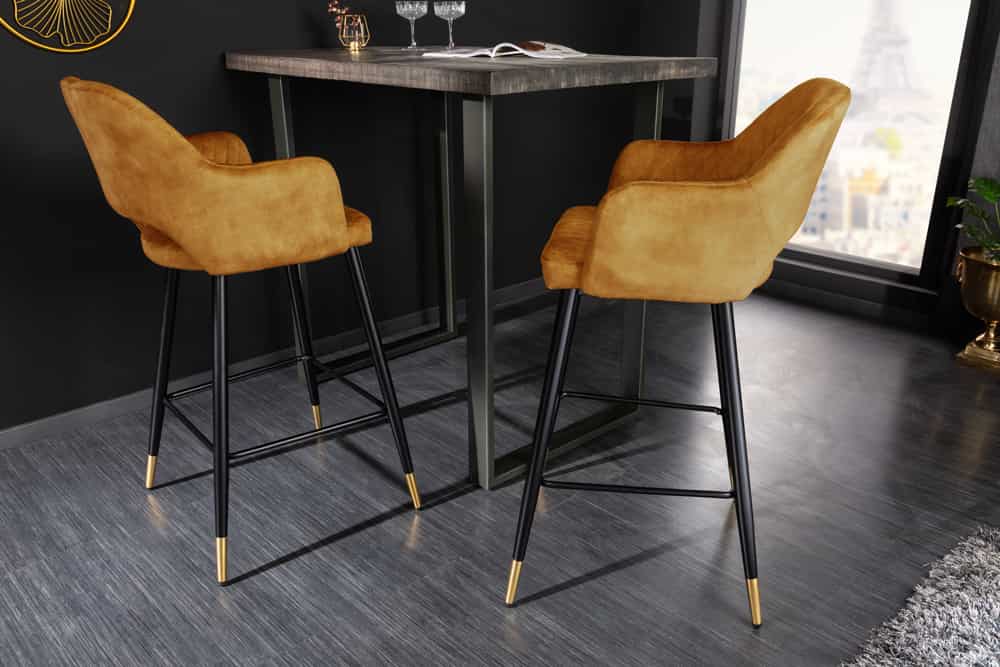 Design Barhocker PARIS senfgelb Samt mit Lehne Metall schwarz gold Ziersteppung