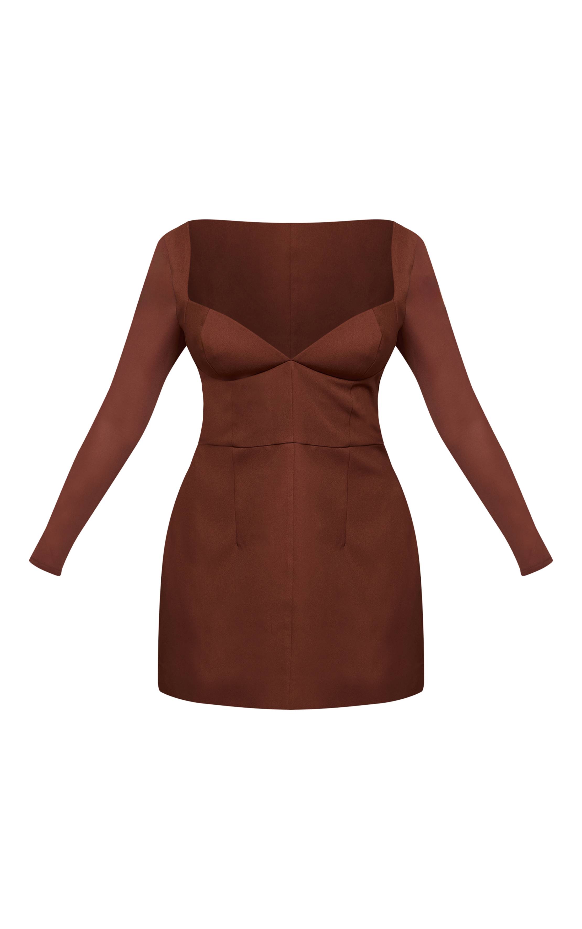Marron Robe Mini Moulante Tissée À Manches Longues Et Décolleté Plongeant