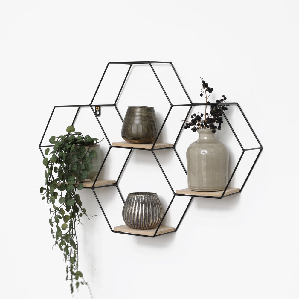 Zeshoekige metalen wandplank met vier niveaus - 40,5 x 58 cm - Zwart