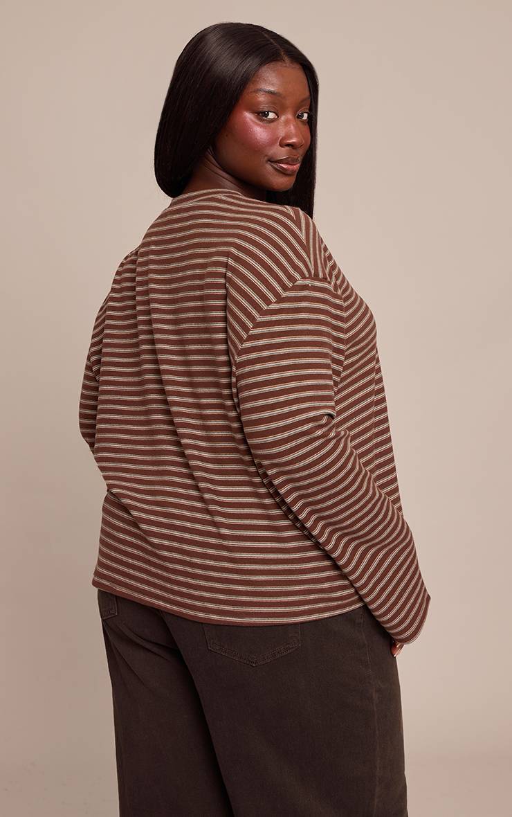 Chocolat Sweat-shirt Grande Taille En Polaire Douce À Rayures Avec Encolure En V Ensemble Coordonné