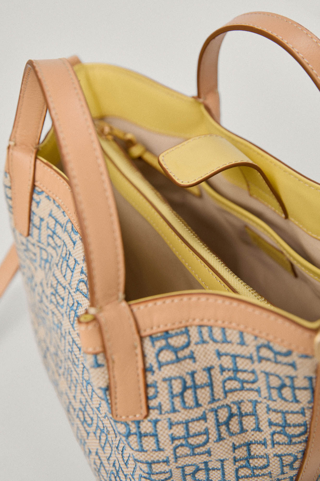 Mini bolsa shopper em jacquard com logo e detalhes em couro - Turquesa