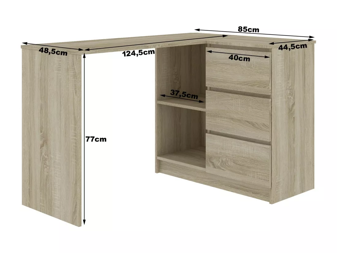 Bureau AKORD d'angle droit B16 Chêne Sonoma 124 cm 3 tiroirs façade Blanche 2 étagères 124x85x77 cm