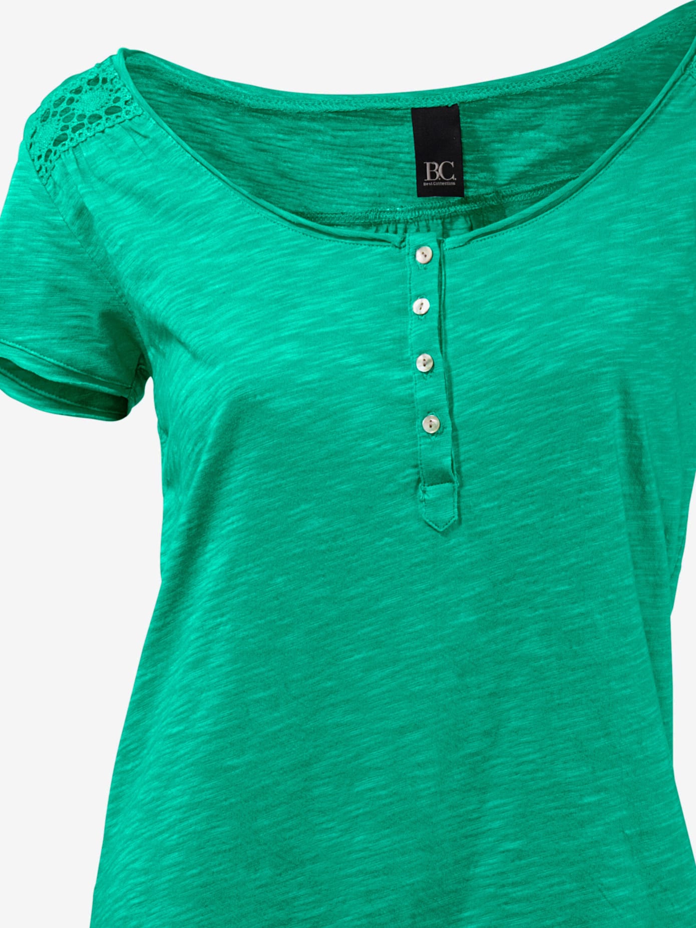 T-shirt à encolure ronde superbes détails en dentelle et boutons brillants