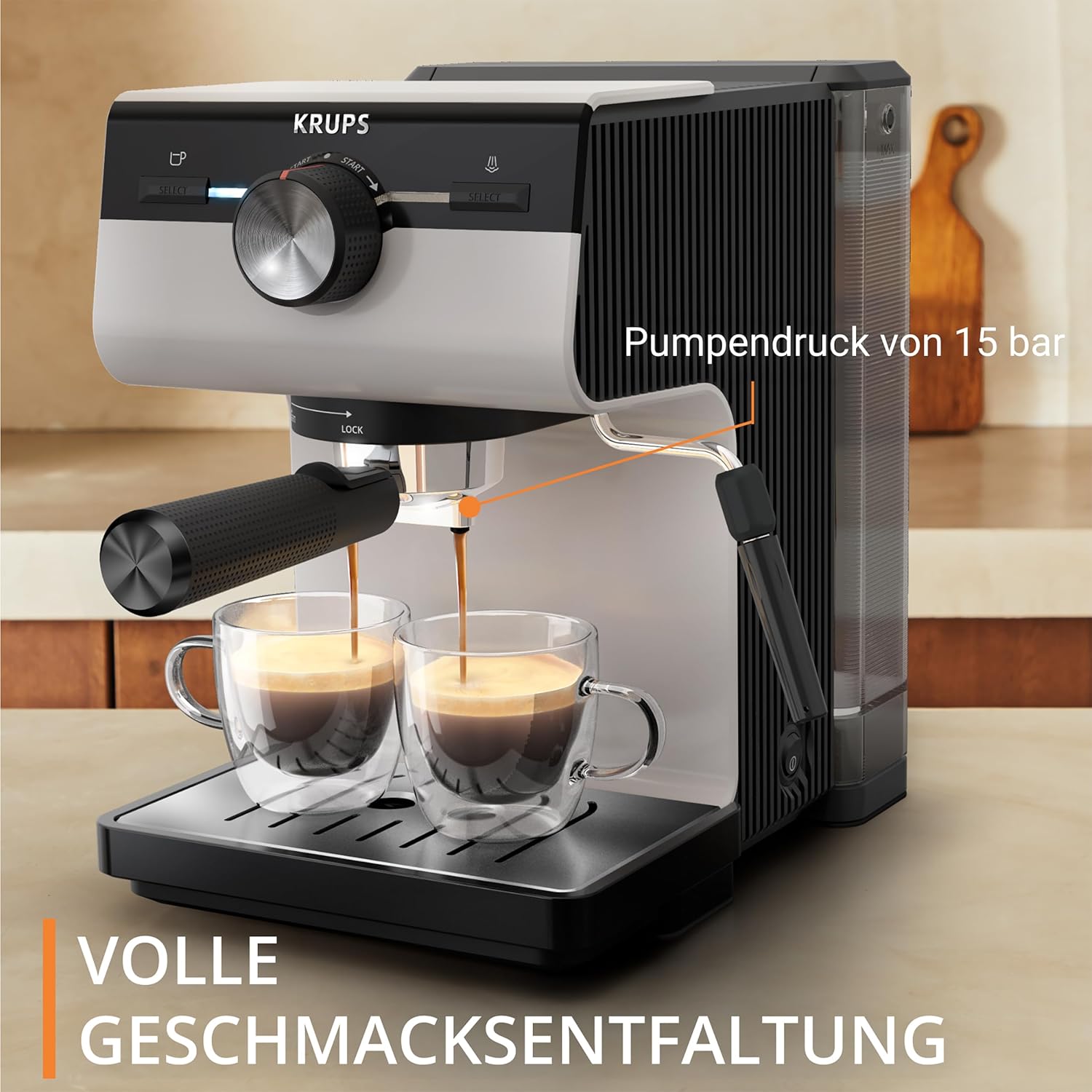 Krups Authentic Espresso-Siebträgermaschine, 15 bar, intuitive Bedienung, raffiniertes Design, integrierte Dampfdüse, 2 L-Wassertank, inkl. Zubehör, Grey/Creme, XP381B10