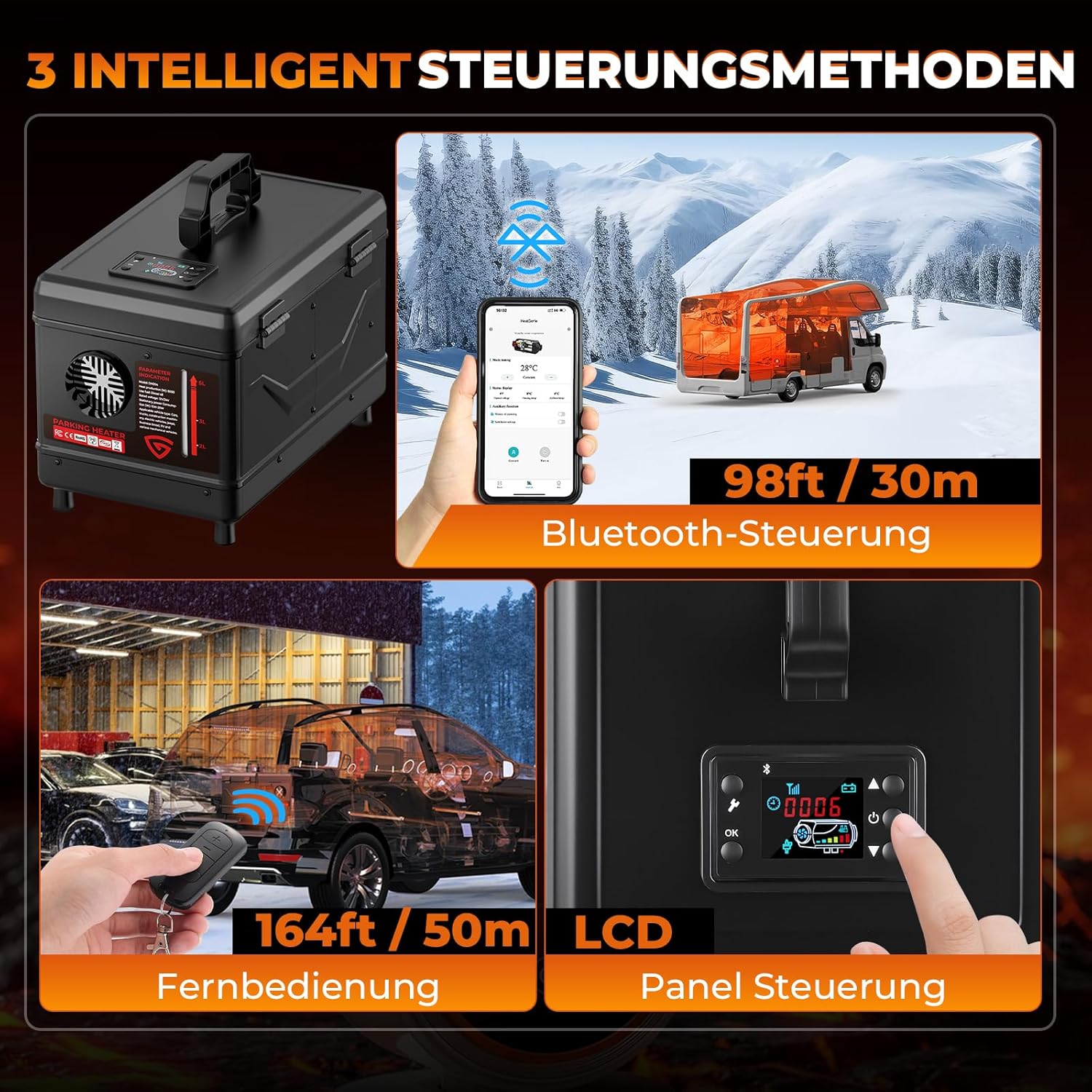 Dieselheizung 12V/24V 8 kW, All-in-One 5L Diesel Standheizung mit Bluetooth APP Fernbedienung und LCD Bildschirm, geeignet für Zuhause, Werkstatt, Garage, Wohnmobil, LKW, RV, Schwarz
