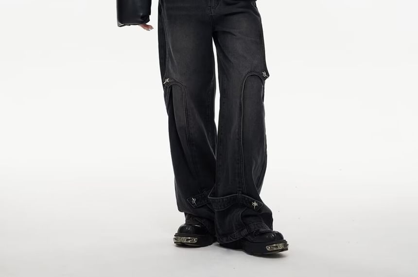 Nataro - High Waist Metal Accent Wide Leg Jeans