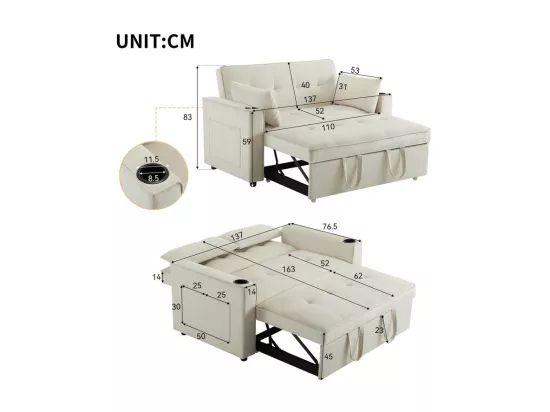 Canapé convertible en Velours - 2 places - avec 2 oreillers, poches d'accoudoir, porte-verres - Dossier inclinable - 137x76.5x83cm