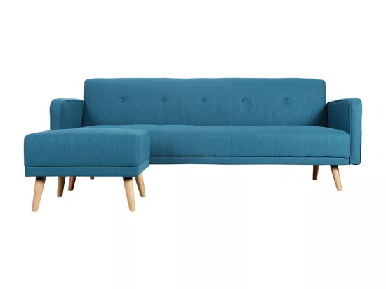 Pouf repose-pieds scandinave en tissu bleu canard et bois clair ULLA