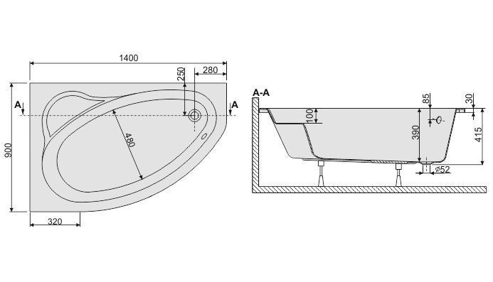 Plazan Ekoplus badkuip met paneel 140x90cm wit rechts inclusief potenset