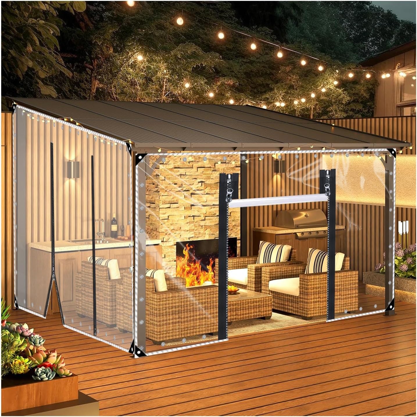 Transparente PVC Plane Seitenteil Mit Reissverschluss Tür, Mit Ösen, Outdoor Durchsichtige Plane Vorhänge,Pergola Terrasse Veranda Carport Pavillon wasserdichte Regenfest(H2.2xW3m/H7.2xW9.8ft)