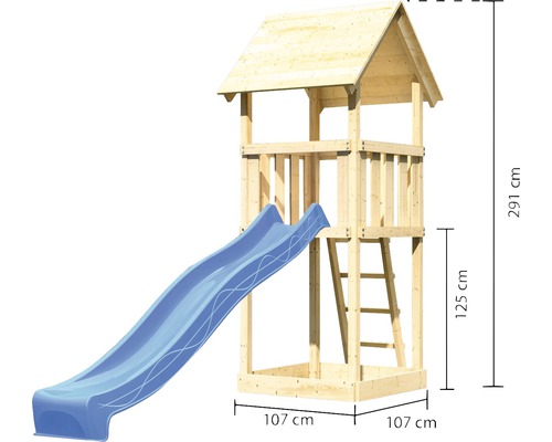 AKUBI Lotti houten speeltoren met zandbak en glijbaan, blauw