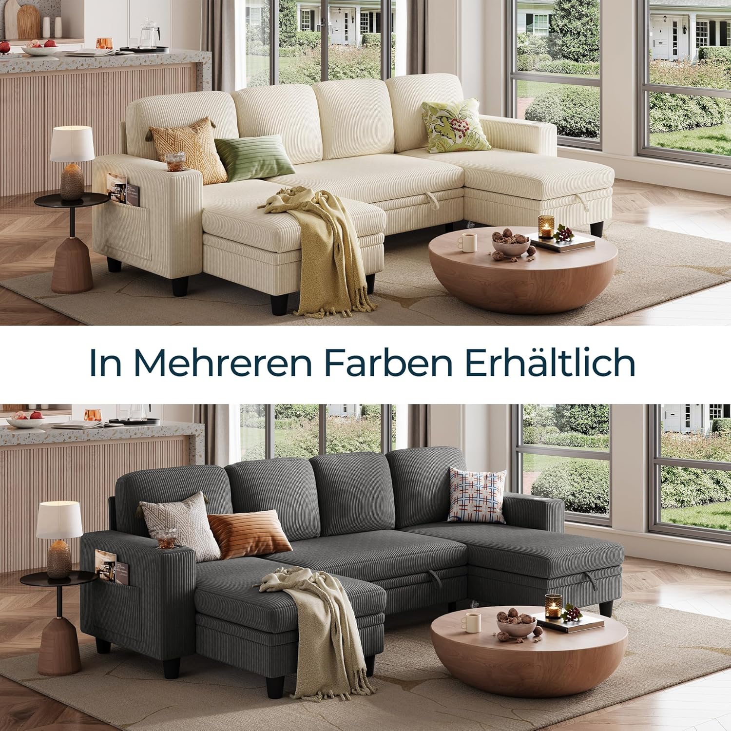 LINSY HOME Schlafsofa Ausziehbarer Couch, Ecksofa mit Schlaffunktion, Stauraum, Cord-Bezug U-Form Modulare Sofas mit Chaiselongue für Wohnzimmer und Wohnungen (Beige, U-Form)