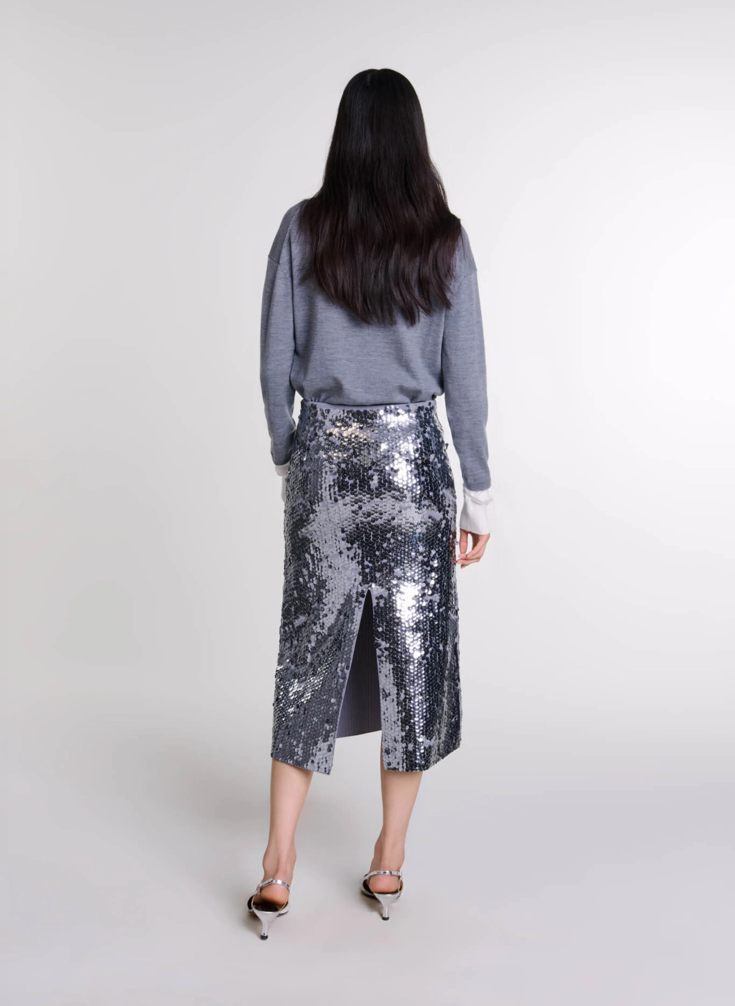 Jupe longue évasée à sequins | Gris