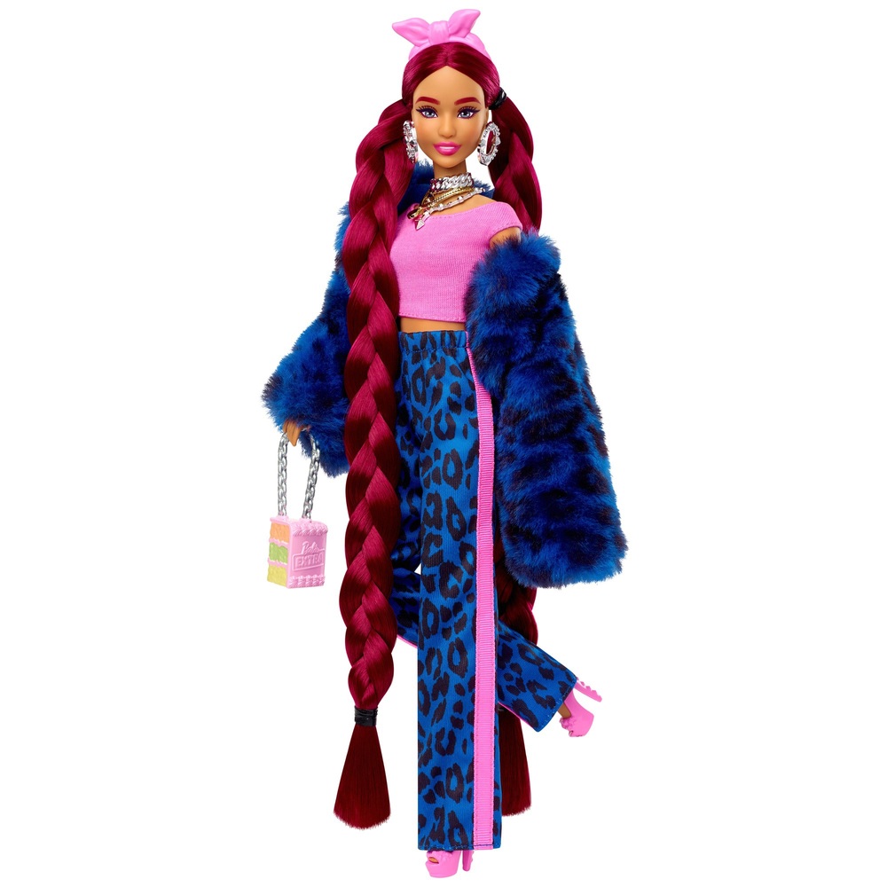 Barbie Extra Puppe 43 cm, blaues Leopardenmuster-Outfit