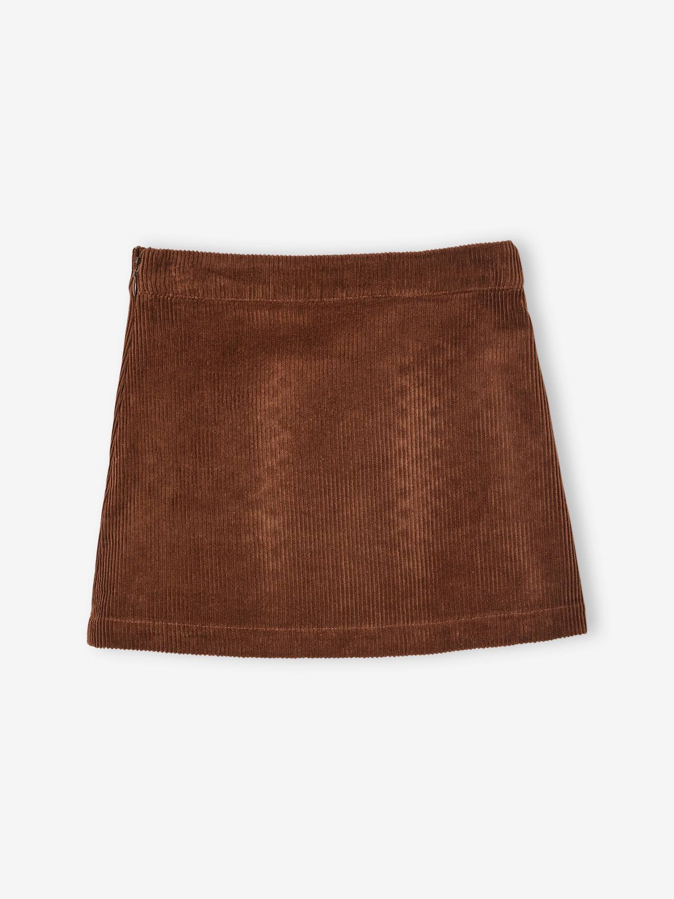 Saia envelope de veludo cotelê, tamanho médio infantil, cor marrom lisa.
