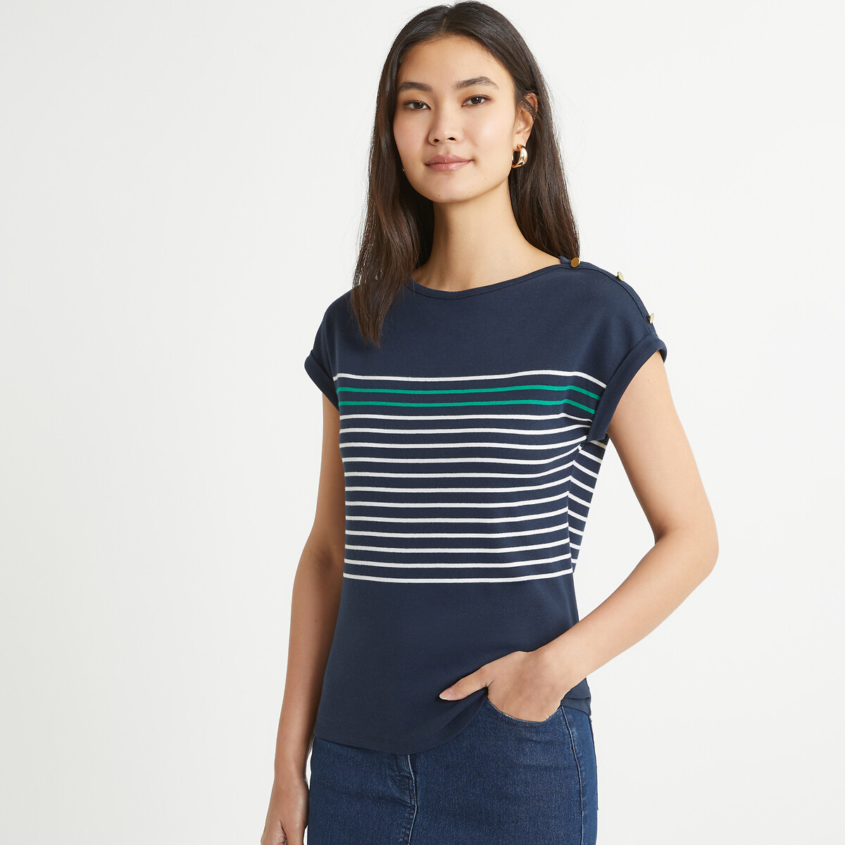ANNE WEYBURN<br>Camiseta listrada com gola redonda e mangas curtas