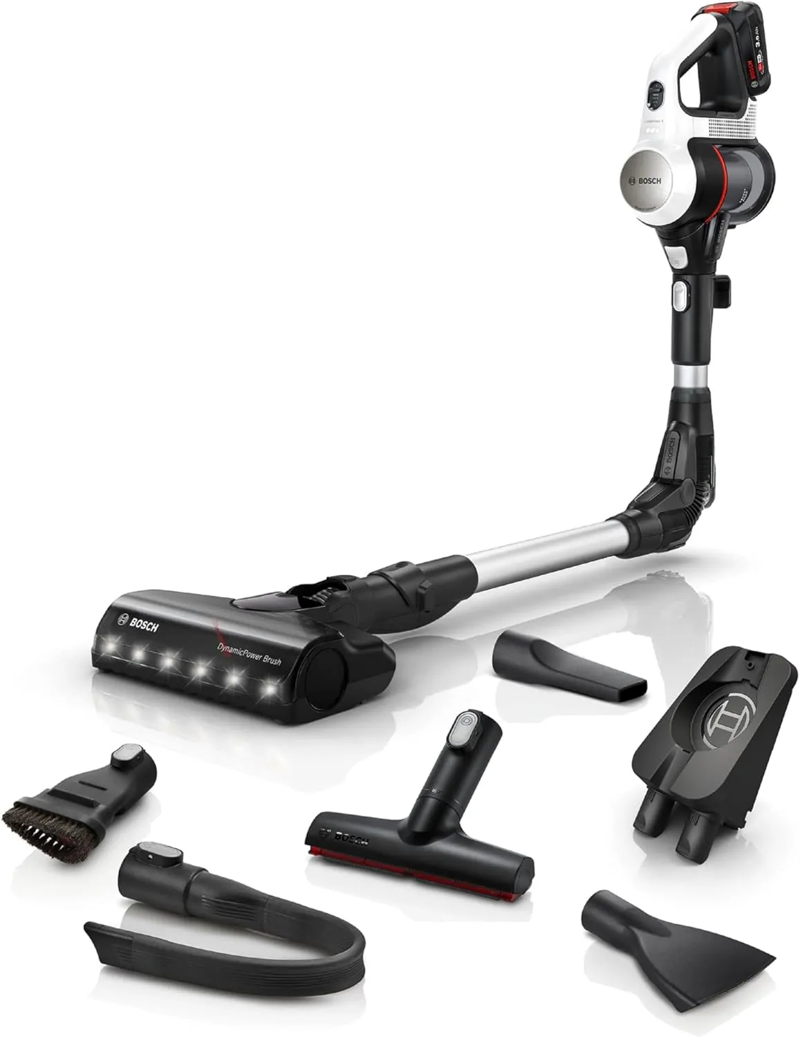 Bosch Akku-Staubsauger Unlimited 7 BSS711W, kabelloser Handstaubsauger, beutellos, Wechselakku, Knickrohr, Hygiene-Filter, 10 Jahre Motorgarantie, XXL-Polsterdüse, LED-Beleuchtung, Turbostufe, weiß