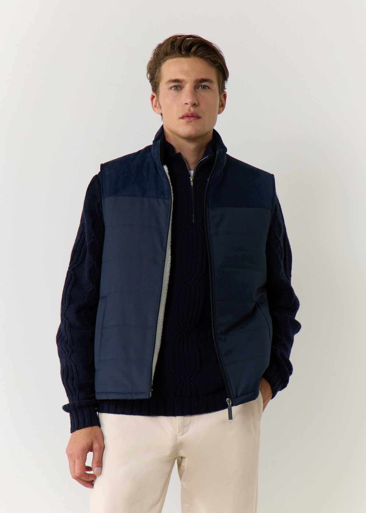 Doudoune light sans manches bi-matière unie bleu jeans