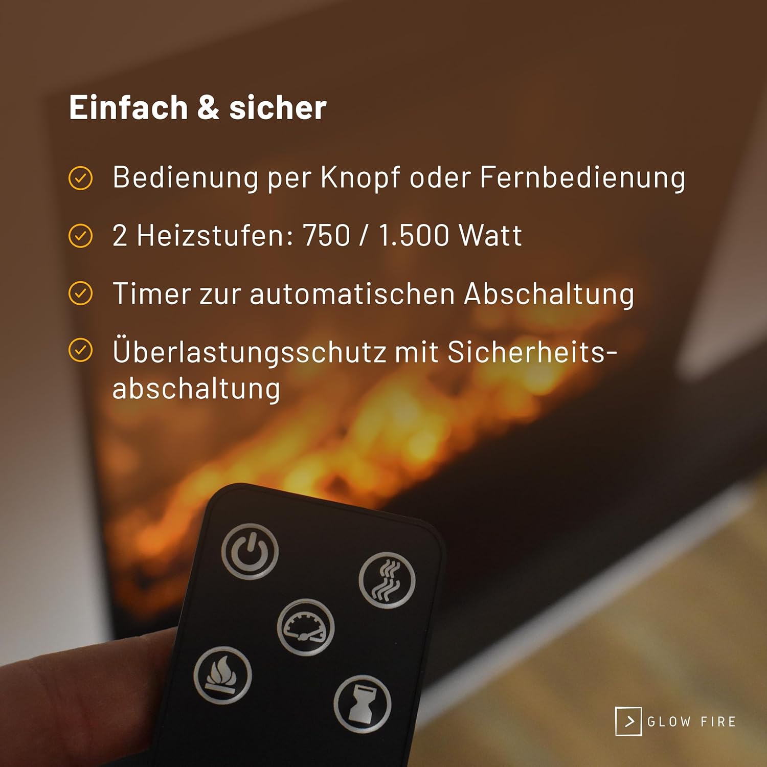 GLOW FIRE Elektrokamin mit Heizung und Kaminfeuer (Standkamin Pandora) - elektrischer Kamin mit LED-Feuer in 3 Farben, Heizlüfter, Holz-Deko & Fernbedienung, 114x97x32 cm, Schwarz