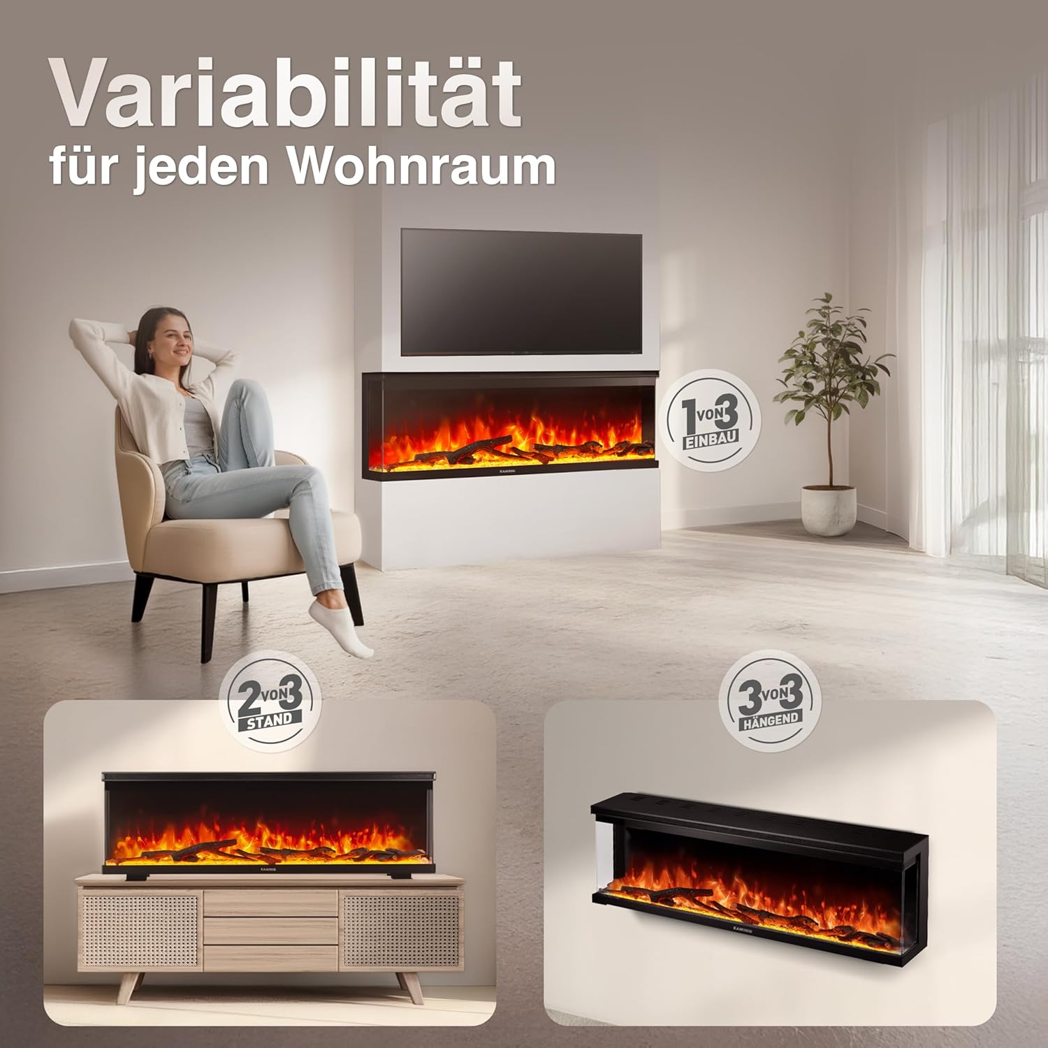 Elektrokamin LEA - Elektrischer 3-in-1 Kamin mit Panoramaview, Heizung, 3D-Flammeneffekt, 12 Flammenfarben, Fernbedienung (60 Zoll)