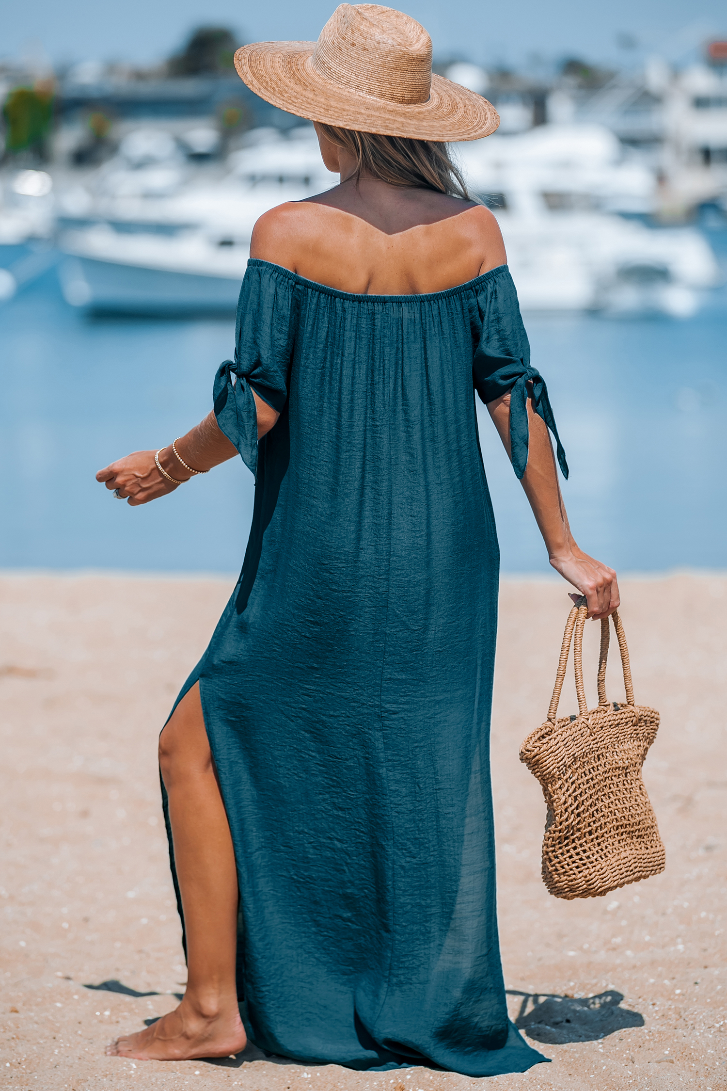 Robe cover up maxi avec ourlet fendu et épaules dénudées bleu