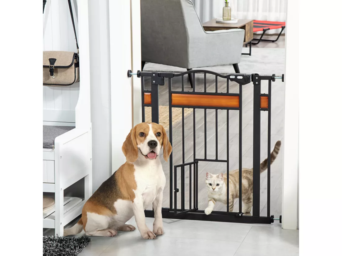 Barrière de sécurité animaux - longueur réglable dim. 74-80 cm - 2 portes verrouillables, ouverture double sens - sans perçage - acier noir pin
