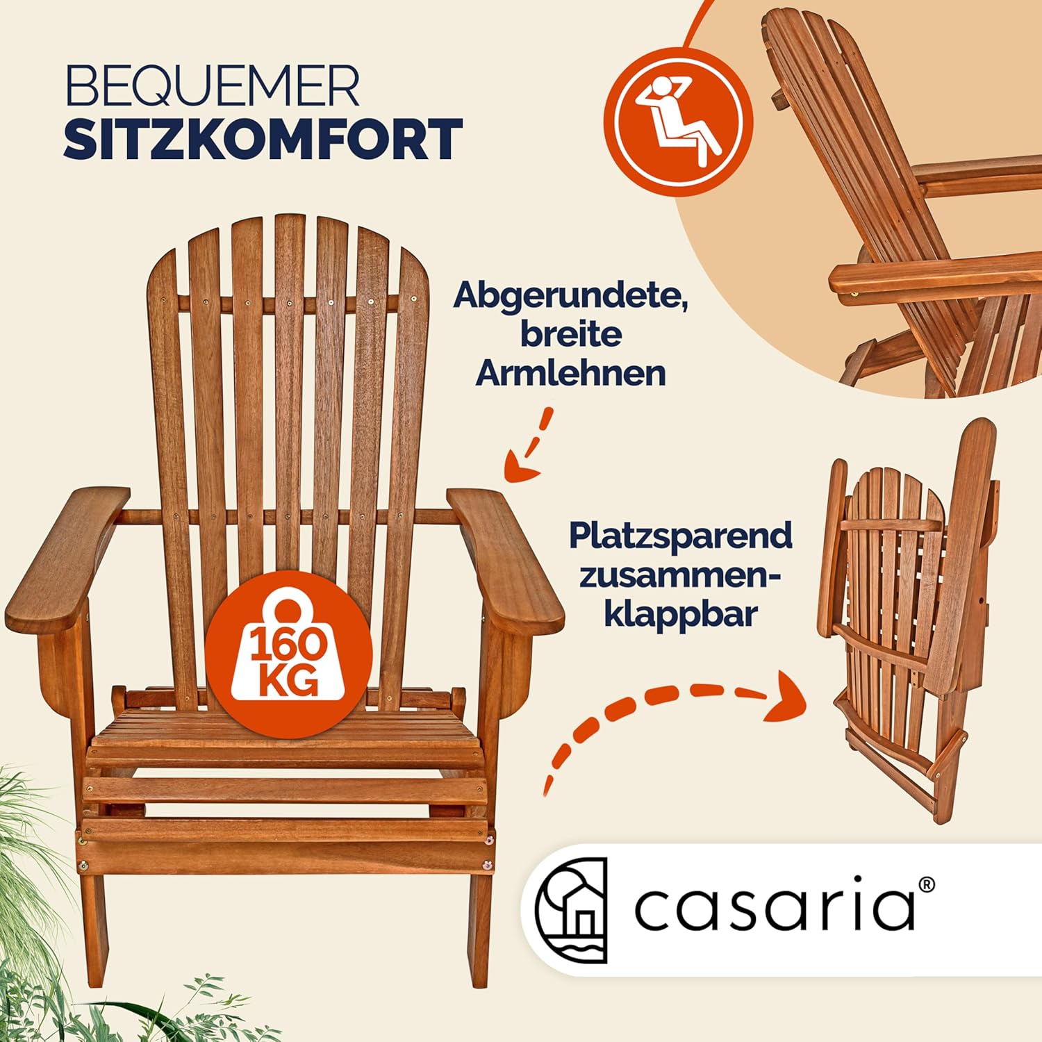 Casaria® 2X Sonnenliege Holz Wetterfest Klappbar 160kg Belastbarkeit XXL Armlehnen Rückenlehne Garten Balkon Terrasse Holzstuhl Ergonomisch Adirondack