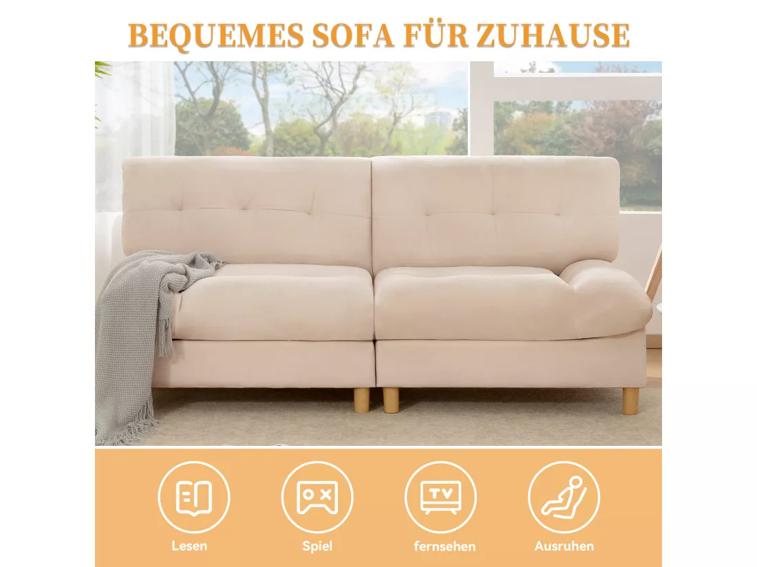 URBAN MEUBLE Canapé velours teddy beige 2 places pieds bois