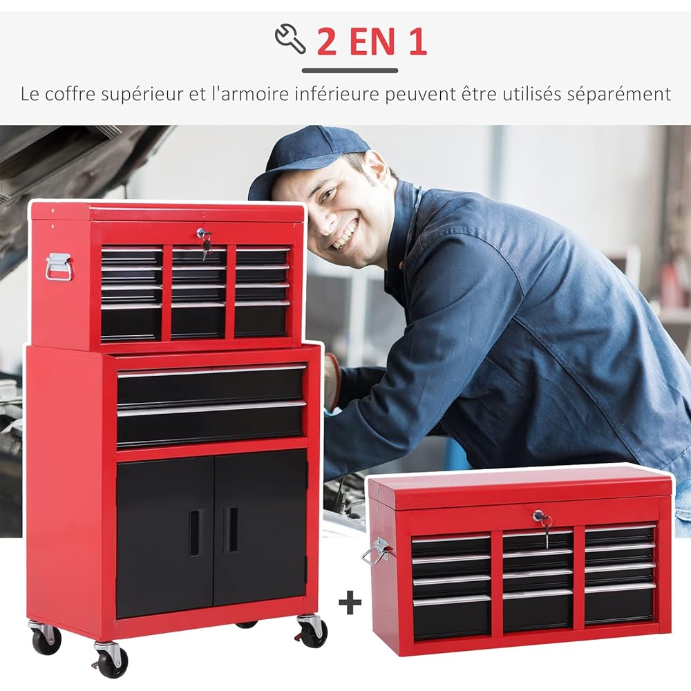 HOMCOM Servante d'atelier servante/Caisse à Outil 6 tiroir +1 Commode Coffre Amovible Chariot Acier Rouge et Noir : Bricolage