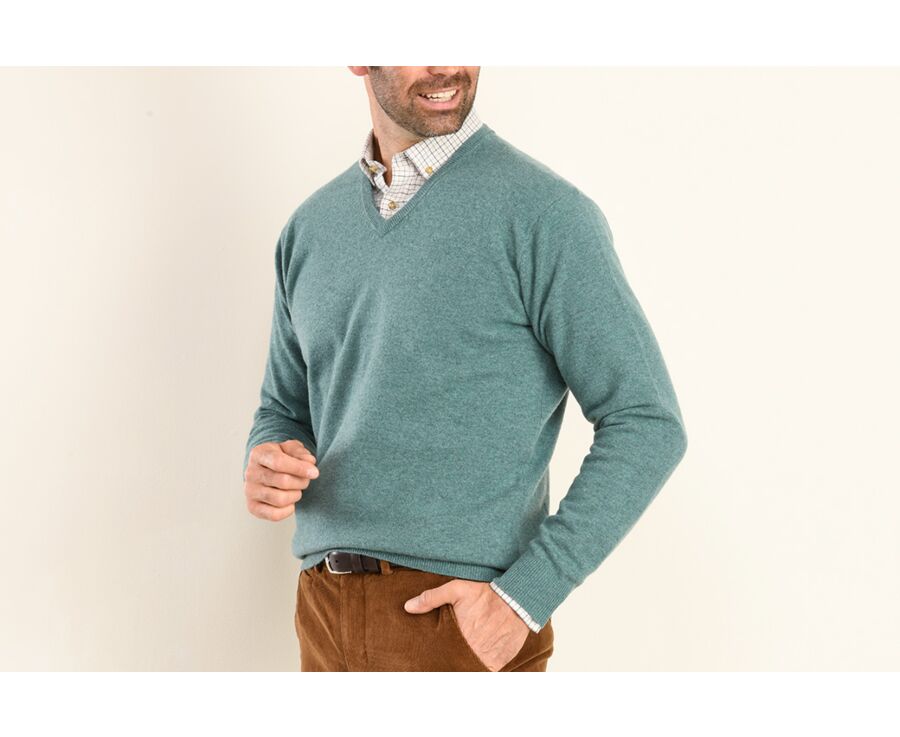 Pull homme laine col V Vert Scandinave Chiné - ELIAN
