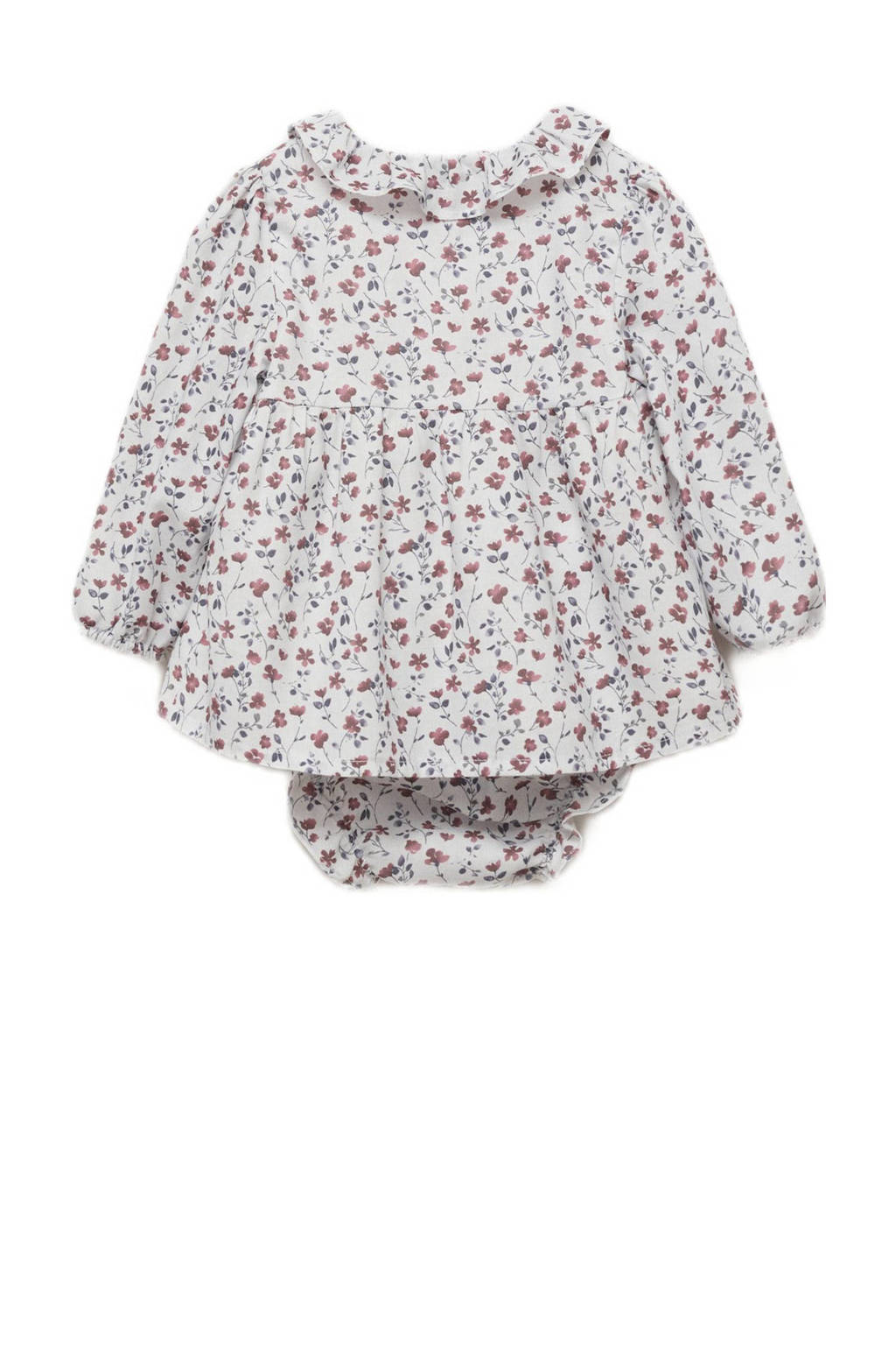 Mango Kids newborn baby jurk met bloomer ecru/lichtblauw/donkerroze