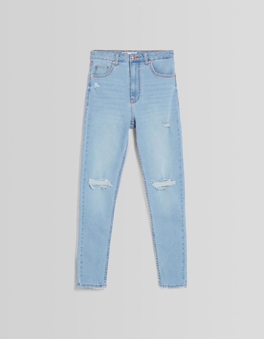 Calça jeans skinny de cintura super alta e rasgada
