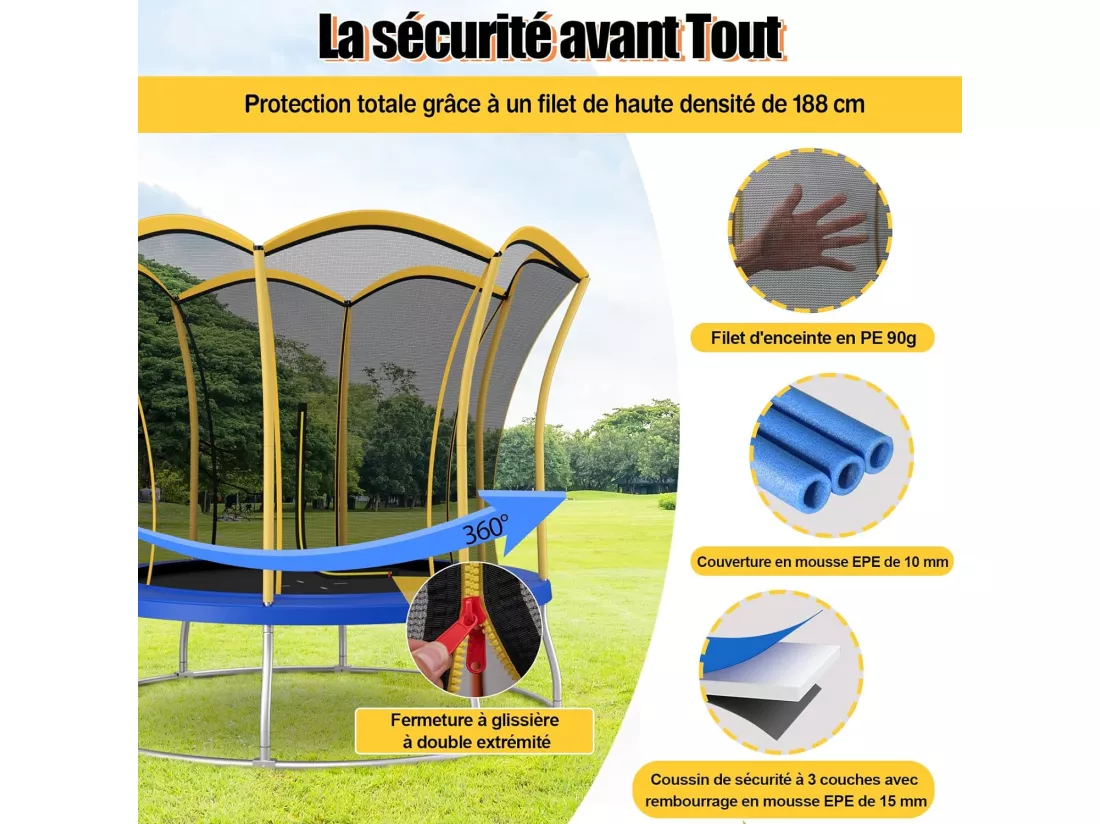 Trampoline Enfant Ø 305cm avec Filet de Protection, Trampoline de Jardin en Forme Fleur avec Certification GS, Coussin de Sécurité & Cadre en Métal Galvanisé, Intérieur Extérieur